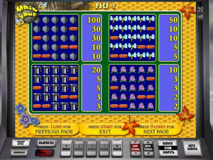 Таблица показывает стоимость выигрышных комбинаций